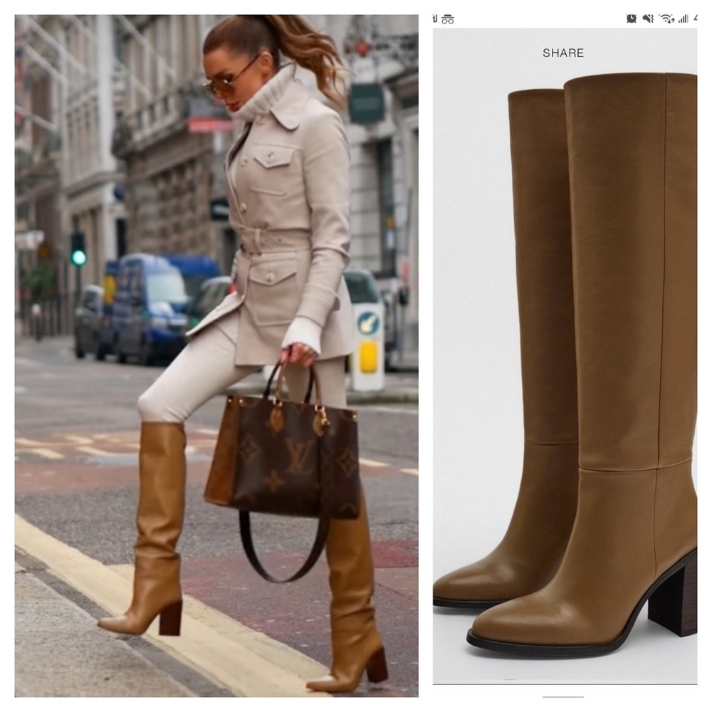 Zara Knee High Heeled Leather Boots Brown Bloggers Favorite NWT - Picture 1 of 14